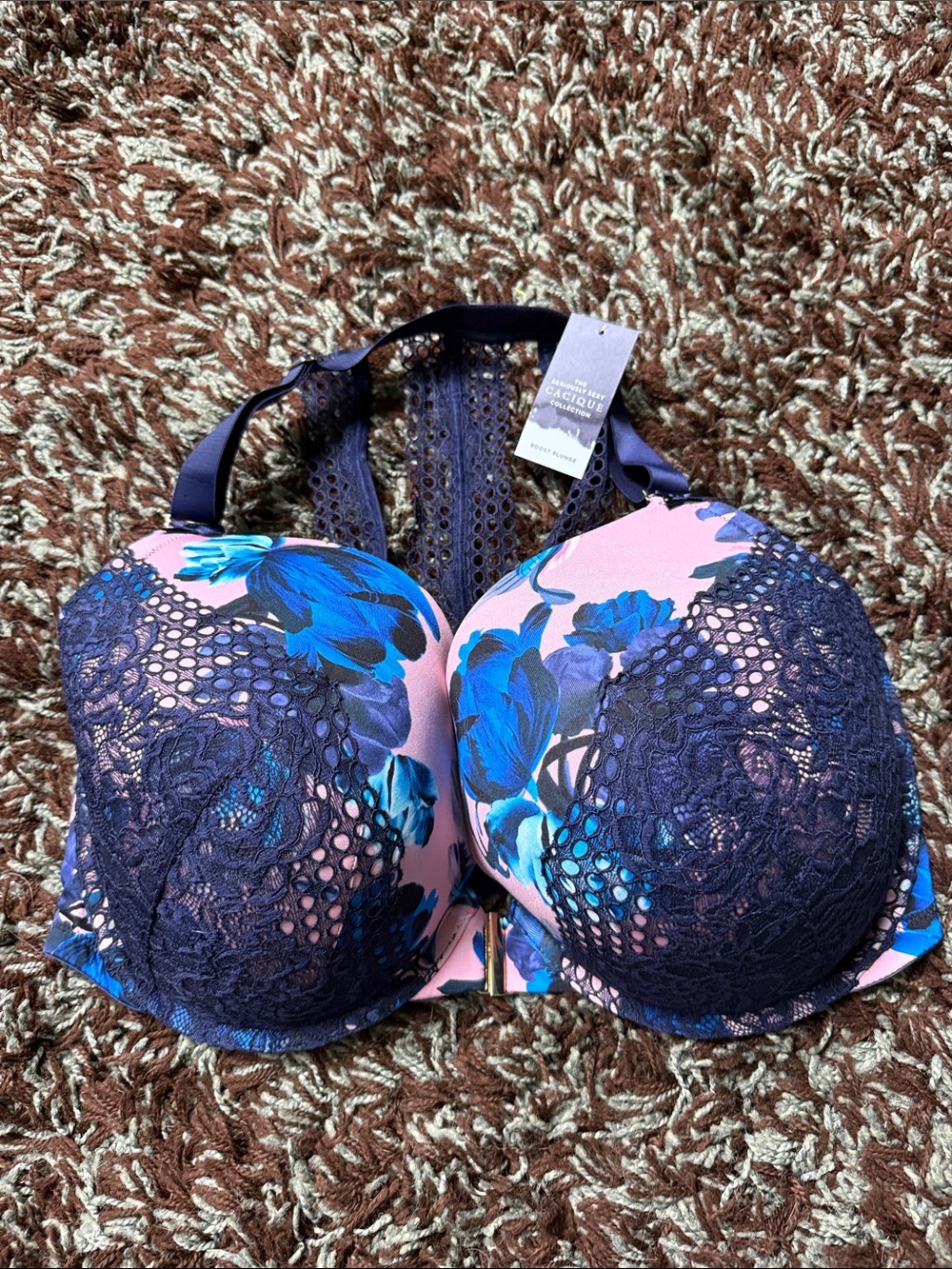 Boden Pink Bra with Navy Lace & Blue Floral Accents